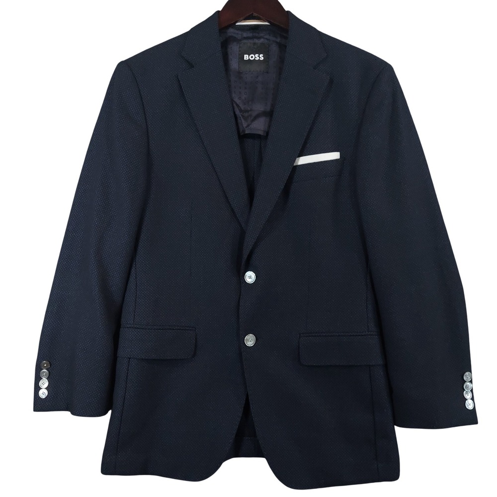 BOSS Hugo Boss Blazer Men 38R Navy Blue Virgin Wool Cotton Textured 2-Button